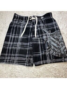 Y2k Machine Graphic Print Loud Plaid Board Shorts Men's Size 34 Gray Black